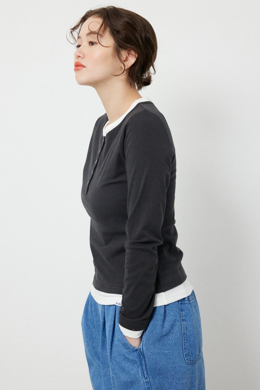 フェイクレイヤードヘンリーネックトップス L/BLK FREE