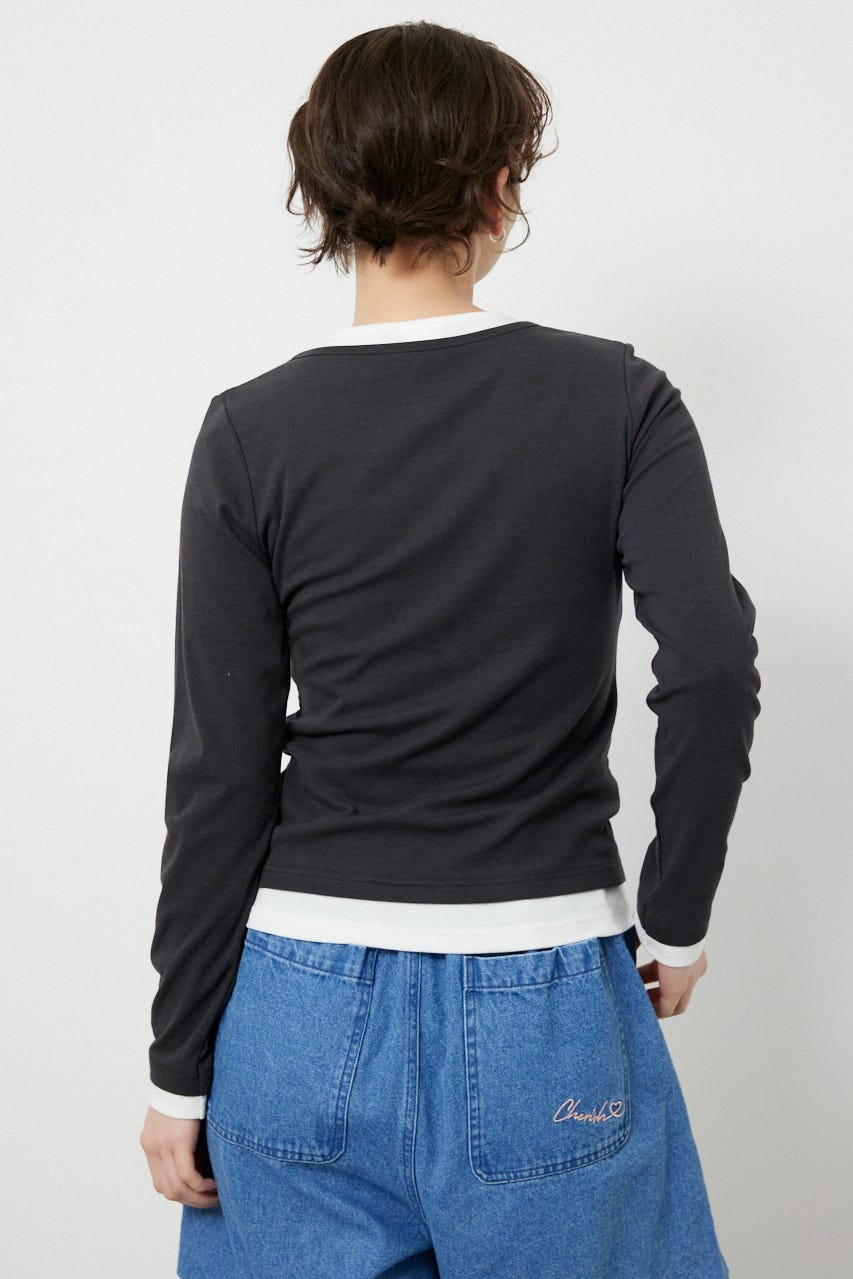 フェイクレイヤードヘンリーネックトップス L/BLK FREE