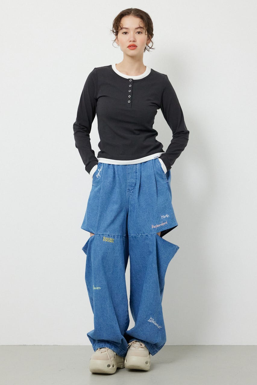 フェイクレイヤードヘンリーネックトップス L/BLK FREE