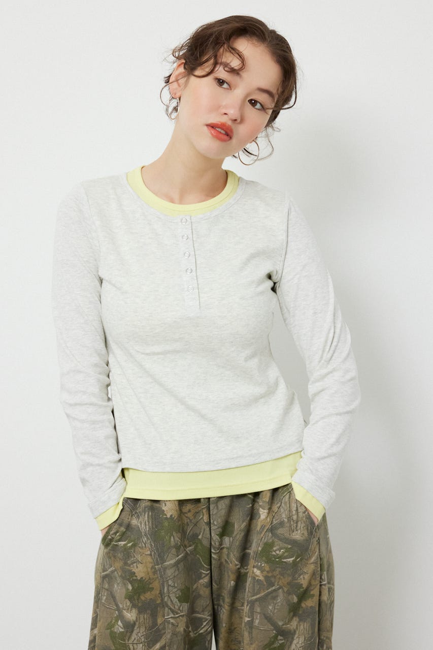 フェイクレイヤードヘンリーネックトップス L/T.GRY FREE
