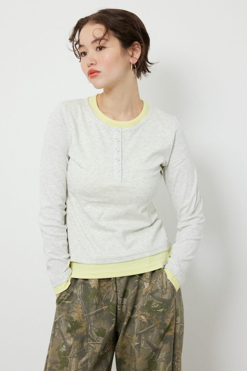フェイクレイヤードヘンリーネックトップス L/T.GRY FREE