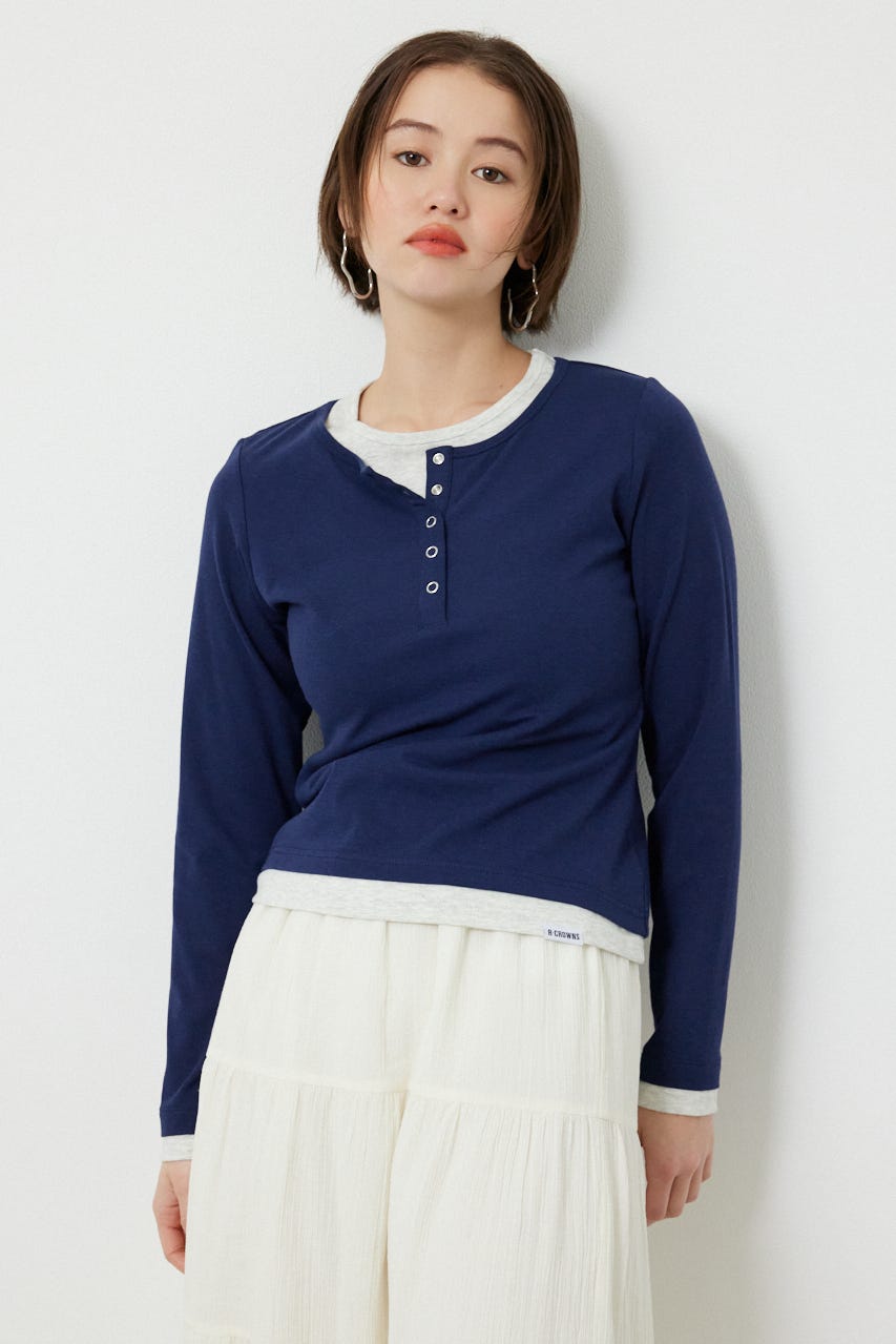 フェイクレイヤードヘンリーネックトップス NVY FREE