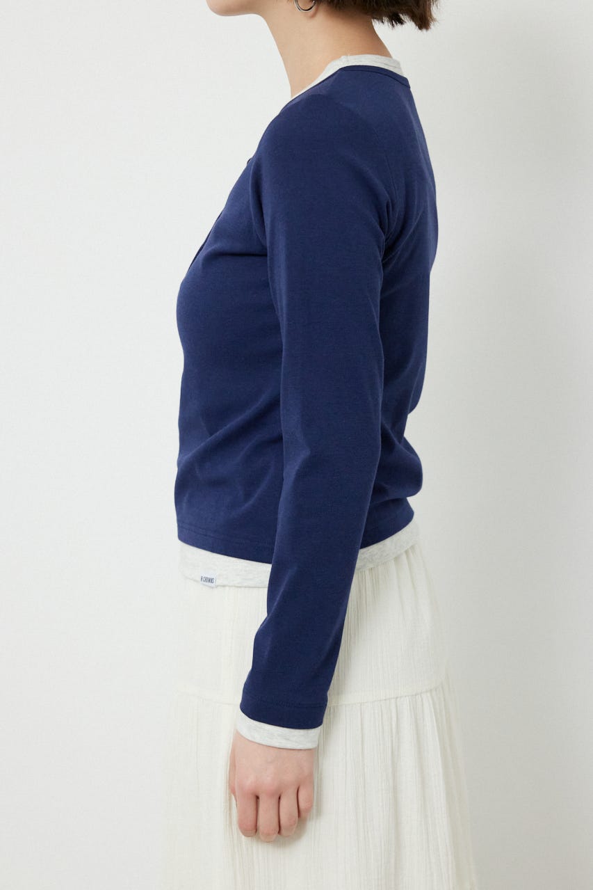 フェイクレイヤードヘンリーネックトップス NVY FREE