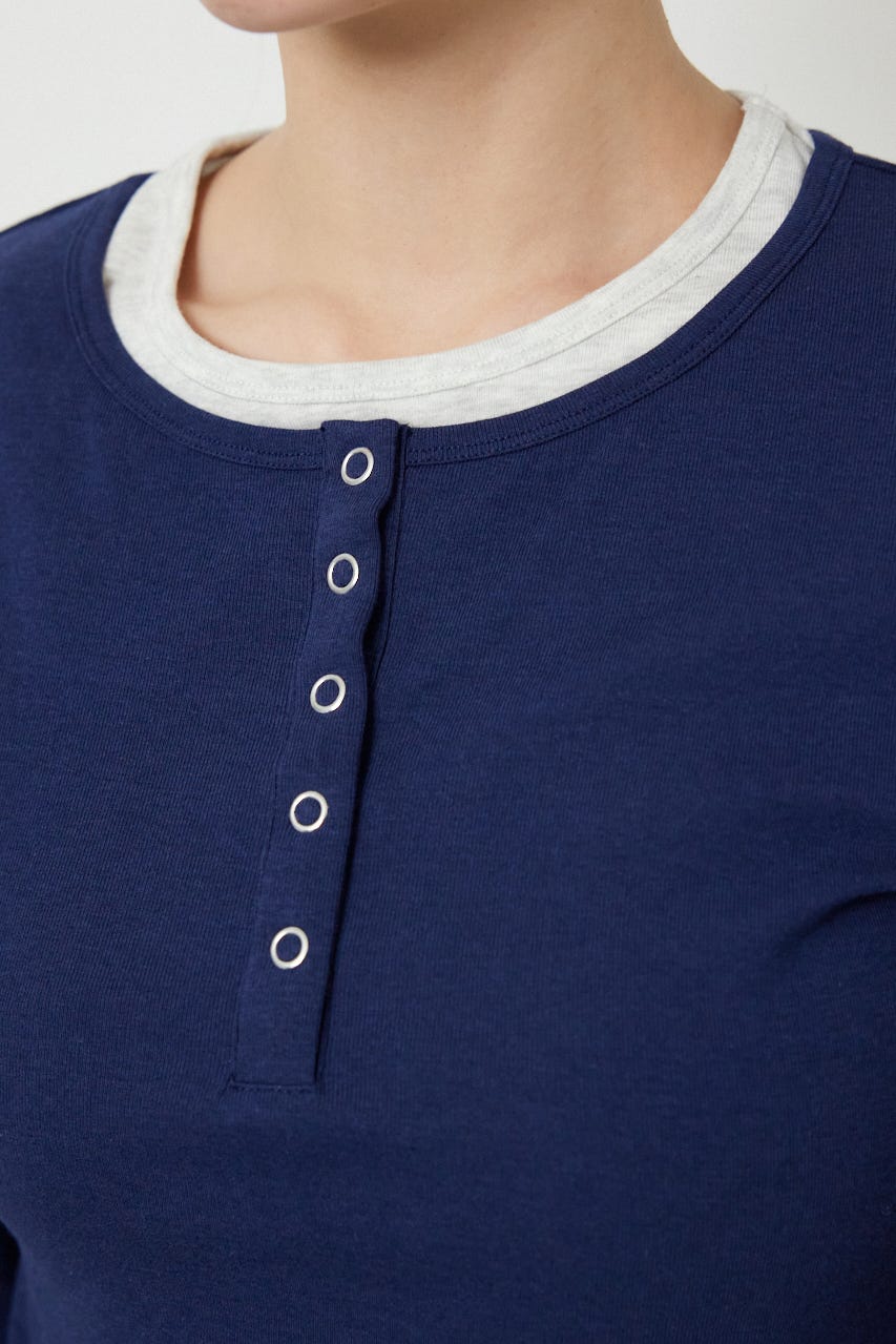 フェイクレイヤードヘンリーネックトップス NVY FREE