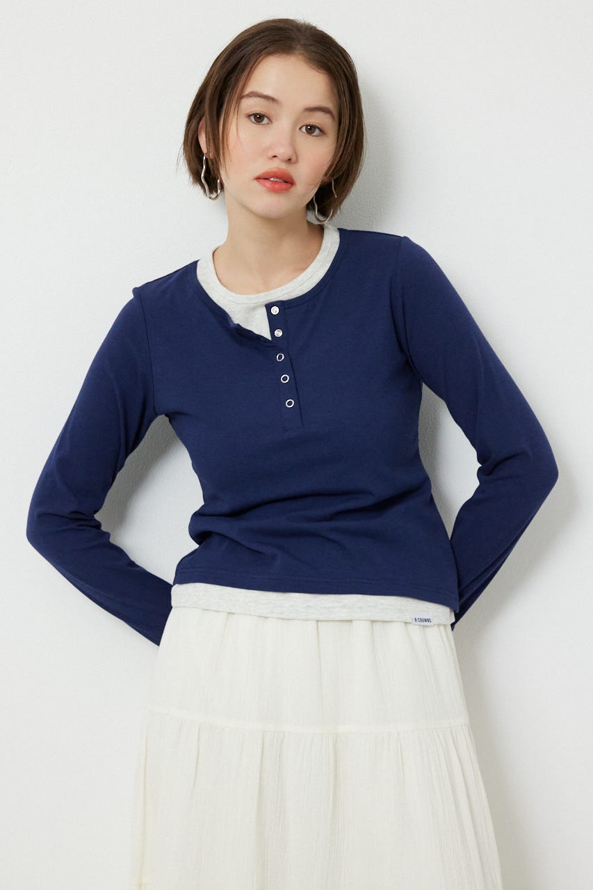 フェイクレイヤードヘンリーネックトップス NVY FREE