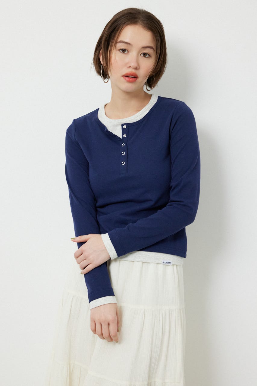 フェイクレイヤードヘンリーネックトップス NVY FREE