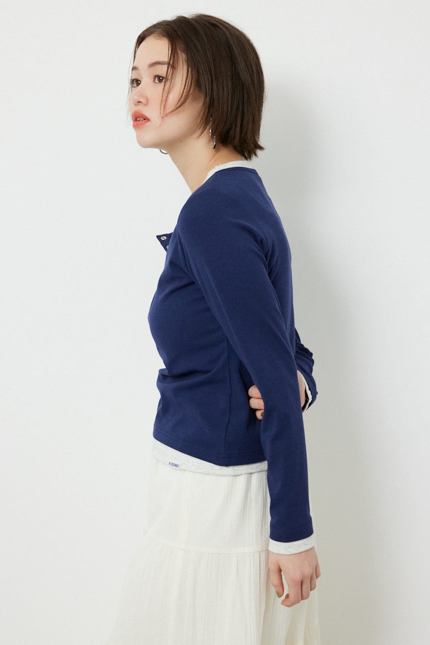 フェイクレイヤードヘンリーネックトップス NVY FREE