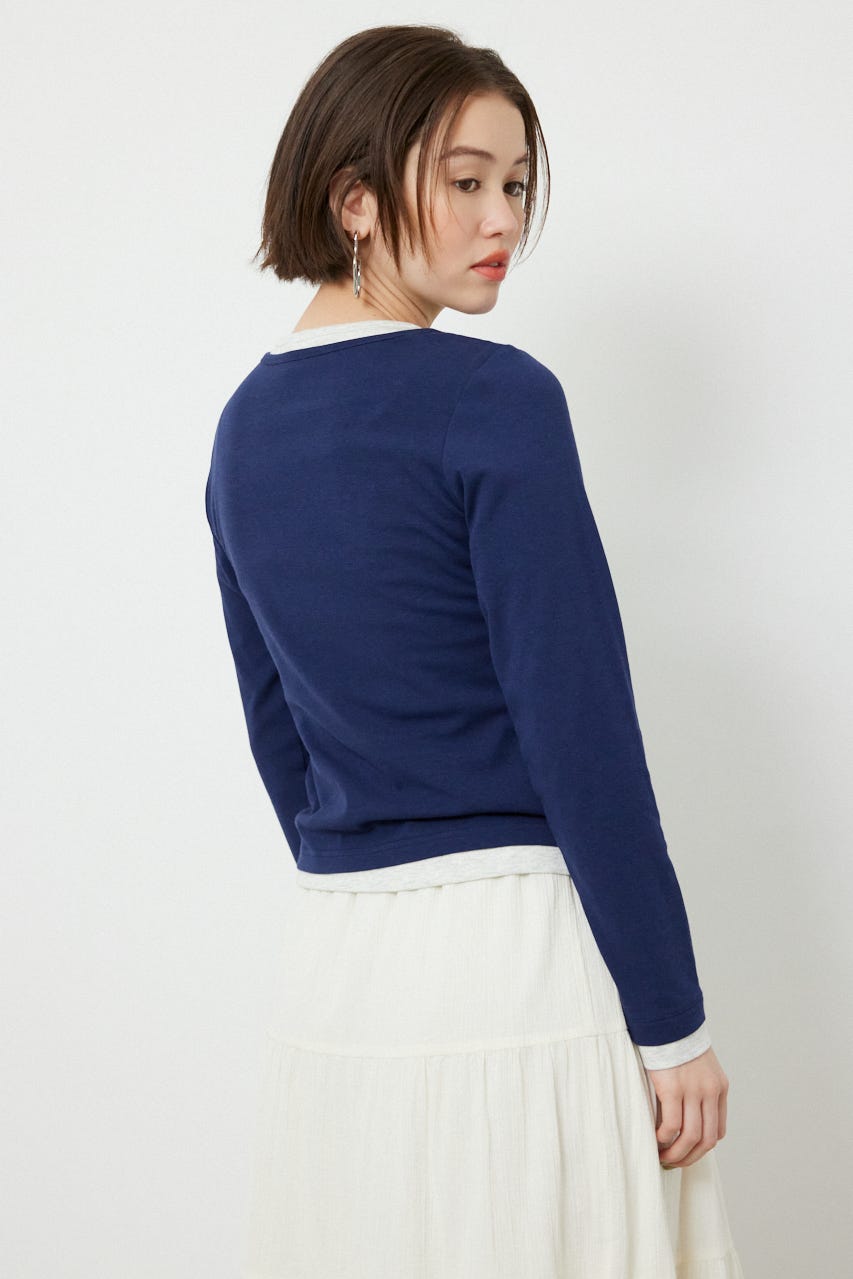 フェイクレイヤードヘンリーネックトップス NVY FREE