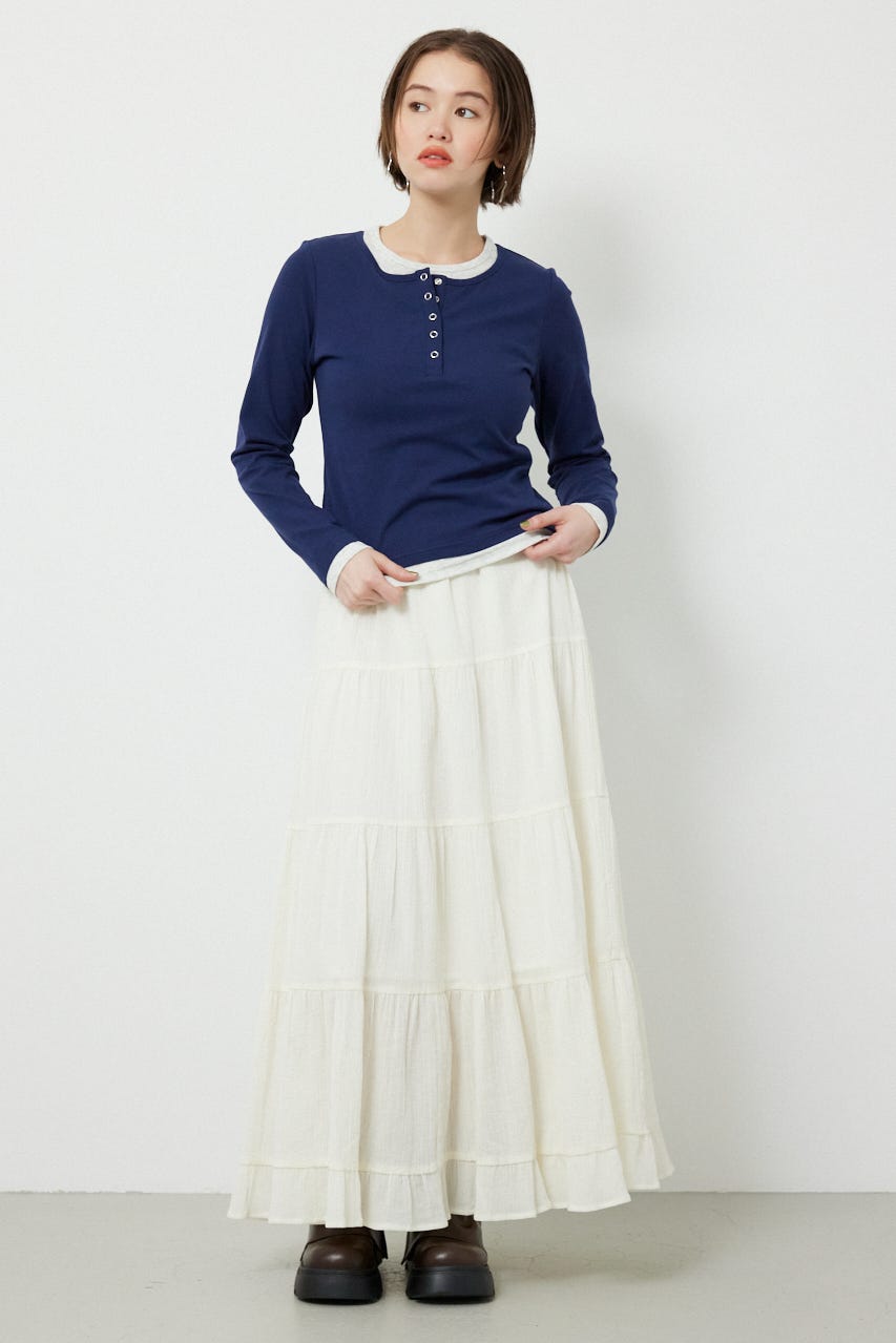 フェイクレイヤードヘンリーネックトップス NVY FREE