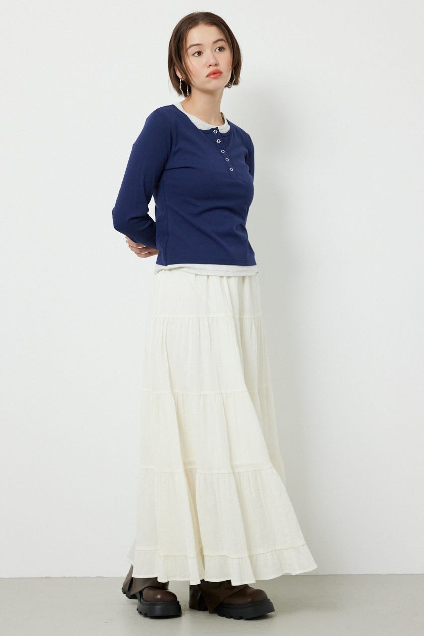 フェイクレイヤードヘンリーネックトップス NVY FREE