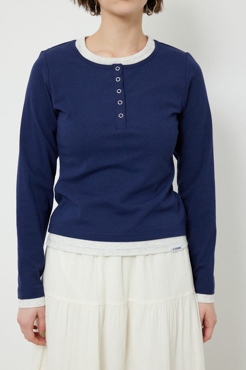 フェイクレイヤードヘンリーネックトップス NVY FREE