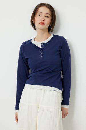 フェイクレイヤードヘンリーネックトップス