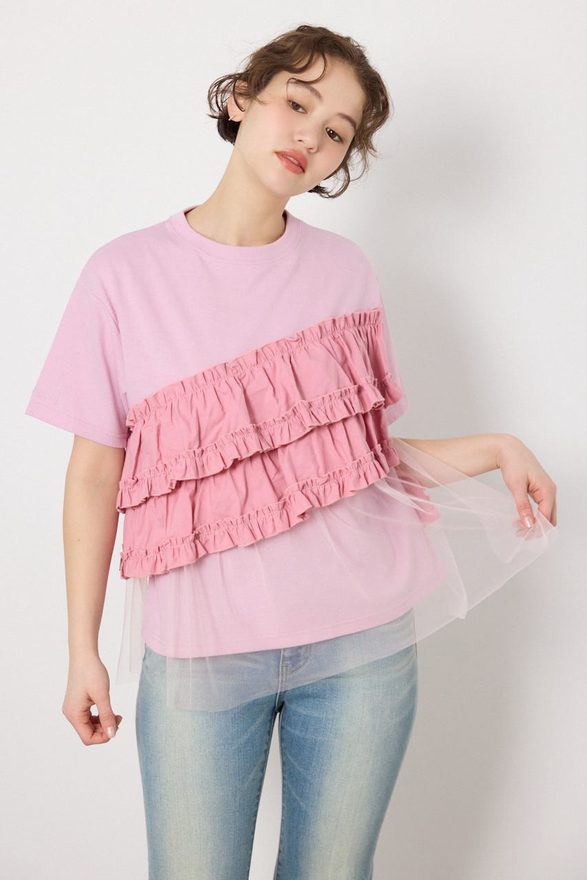 布帛チュールドッキングトップス L/PNK FREE