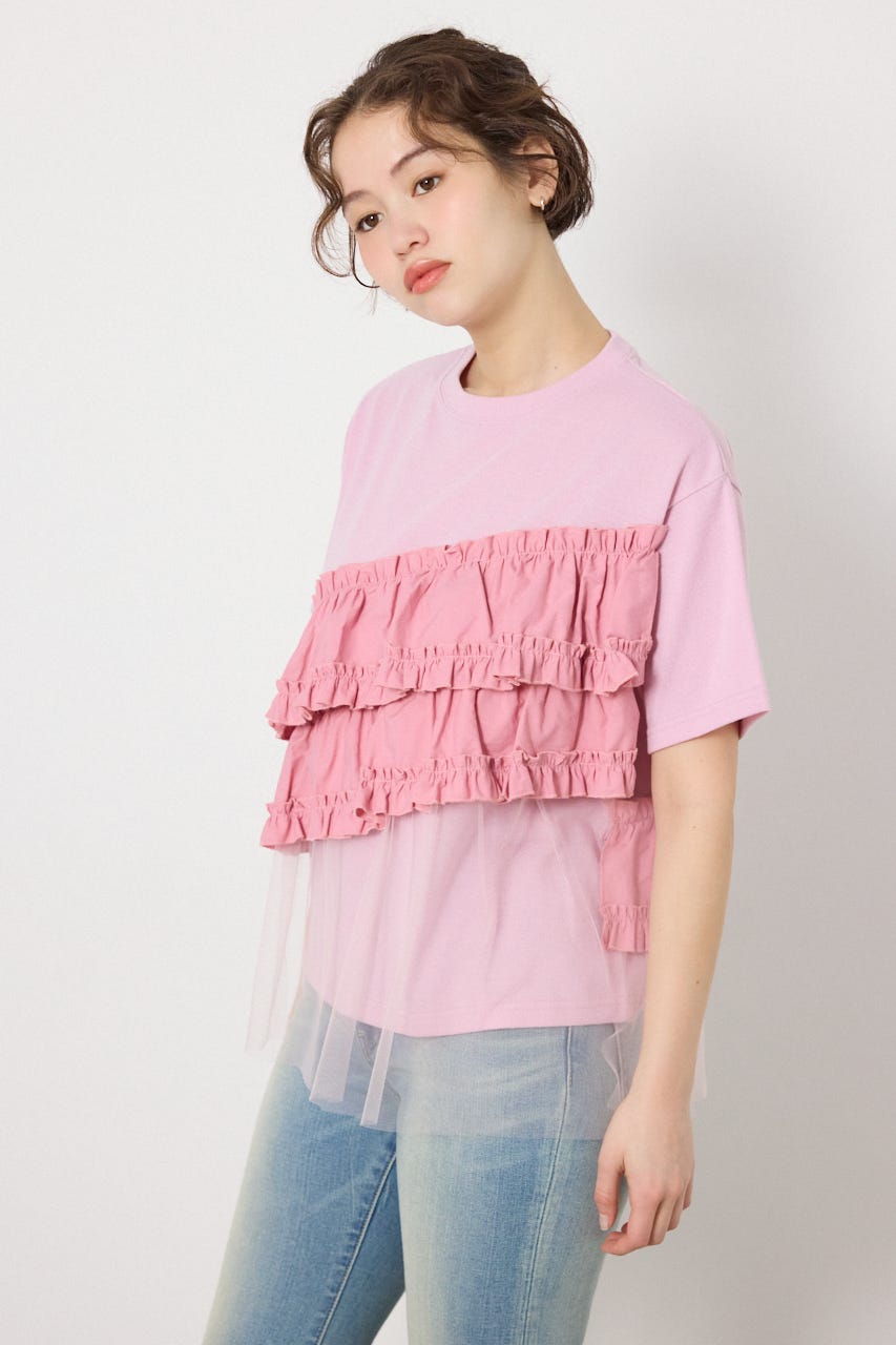 布帛チュールドッキングトップス L/PNK FREE