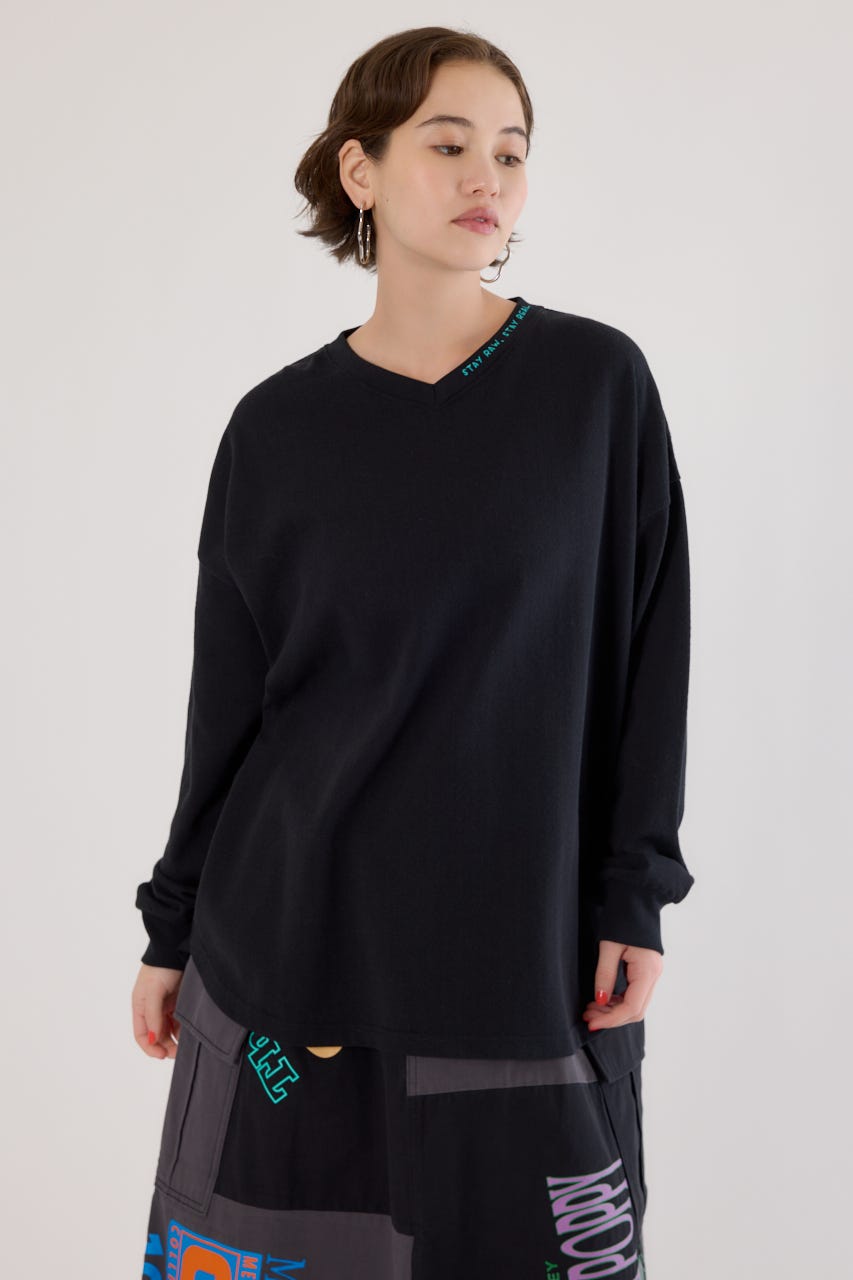 梨地VネックロングスリーブTシャツ BLK FREE