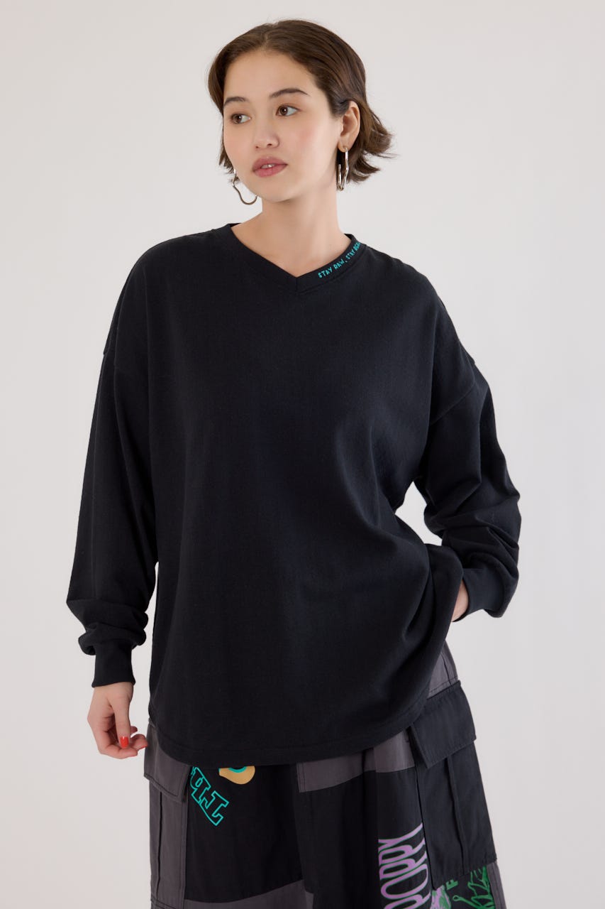 梨地VネックロングスリーブTシャツ BLK FREE