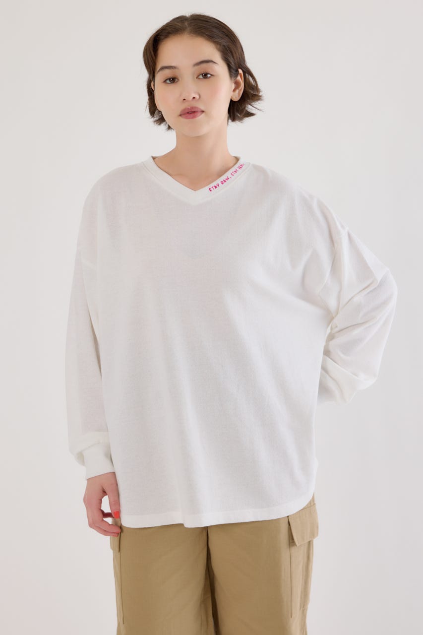 梨地VネックロングスリーブTシャツ O/WHT FREE