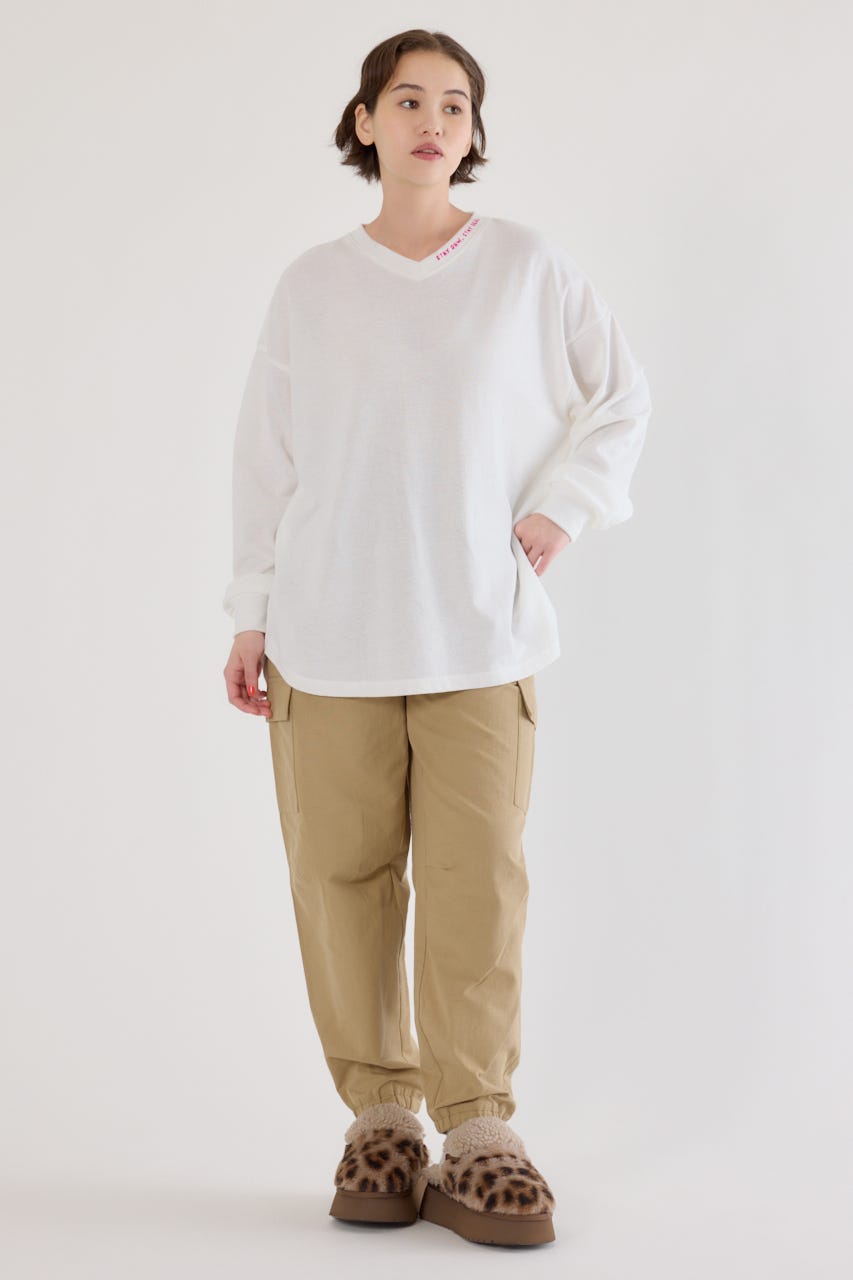 梨地VネックロングスリーブTシャツ O/WHT FREE