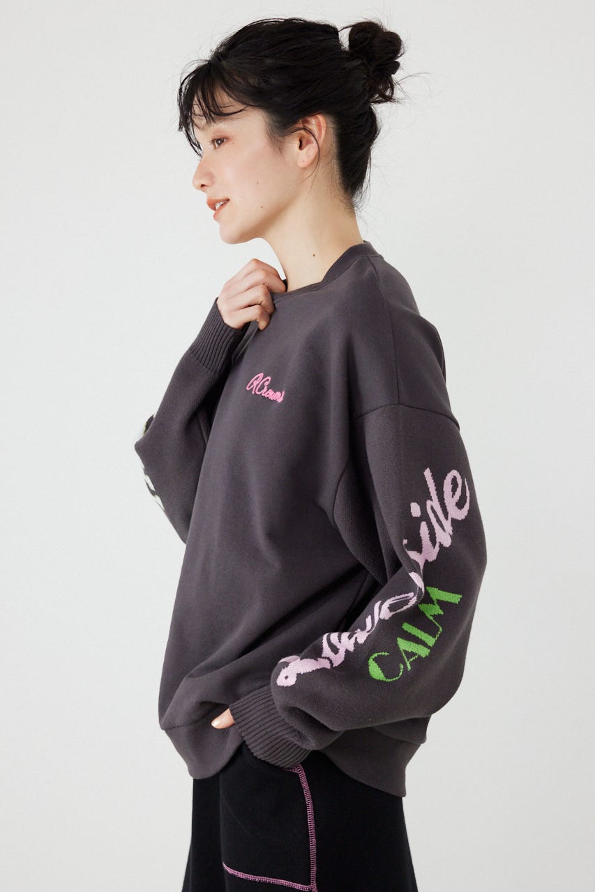 スリーブニットスウェットトップス BLK FREE