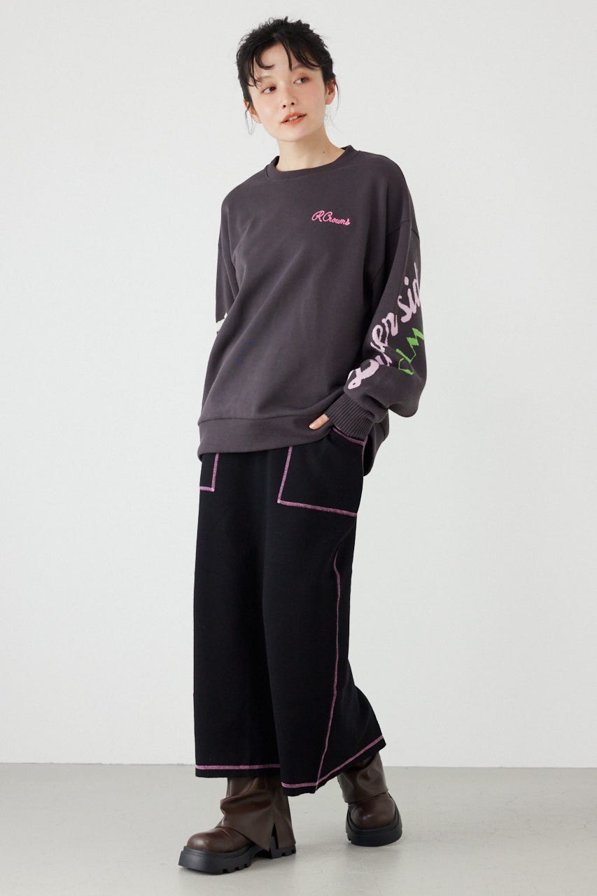 スリーブニットスウェットトップス BLK FREE