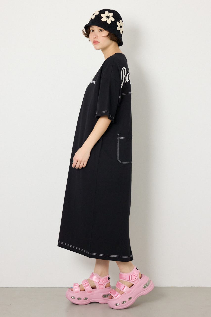 【SS先行アイテム】ハーフスリーブステッチワンピース BLK FREE