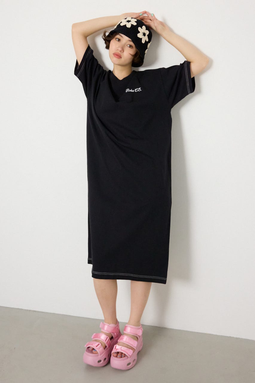 【SS先行アイテム】ハーフスリーブステッチワンピース BLK FREE