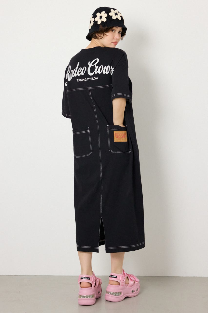 【SS先行アイテム】ハーフスリーブステッチワンピース BLK FREE