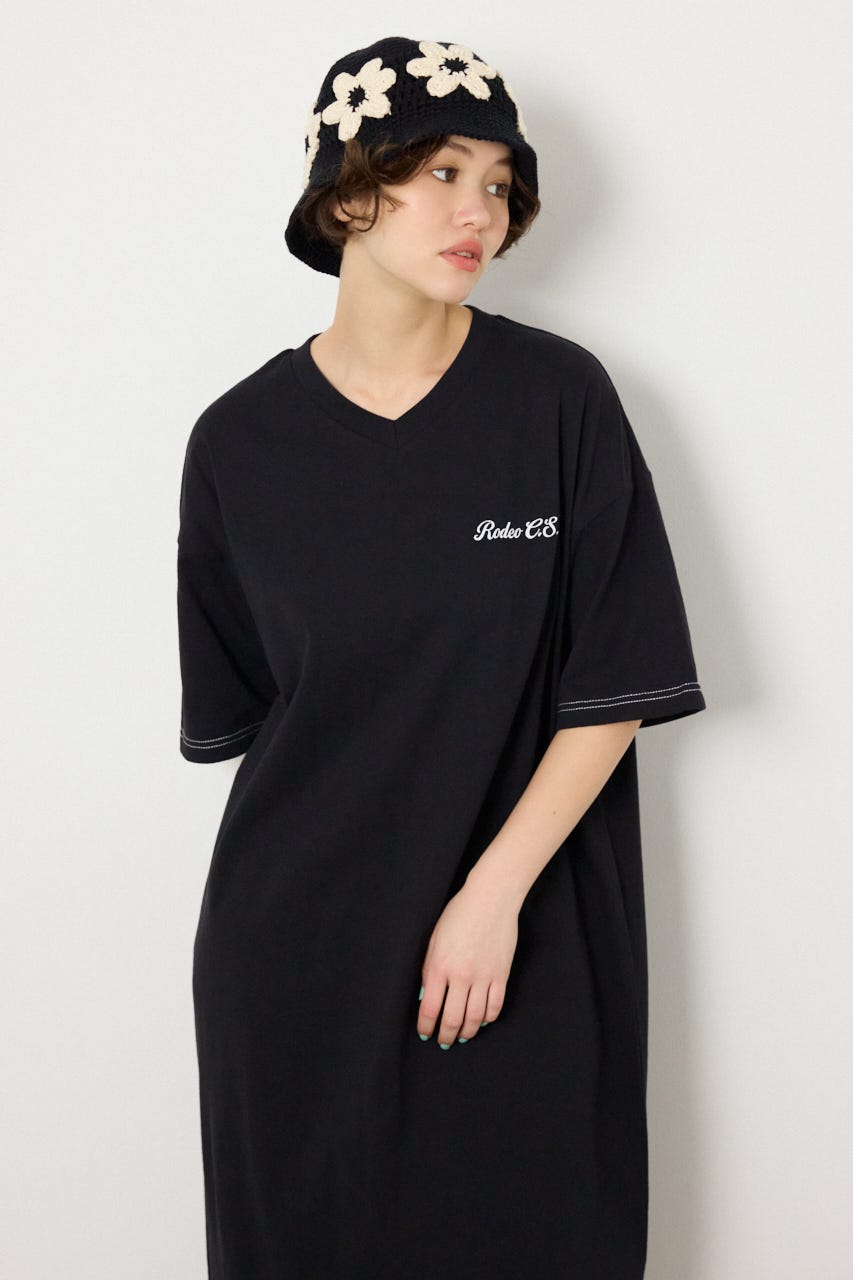 【SS先行アイテム】ハーフスリーブステッチワンピース BLK FREE