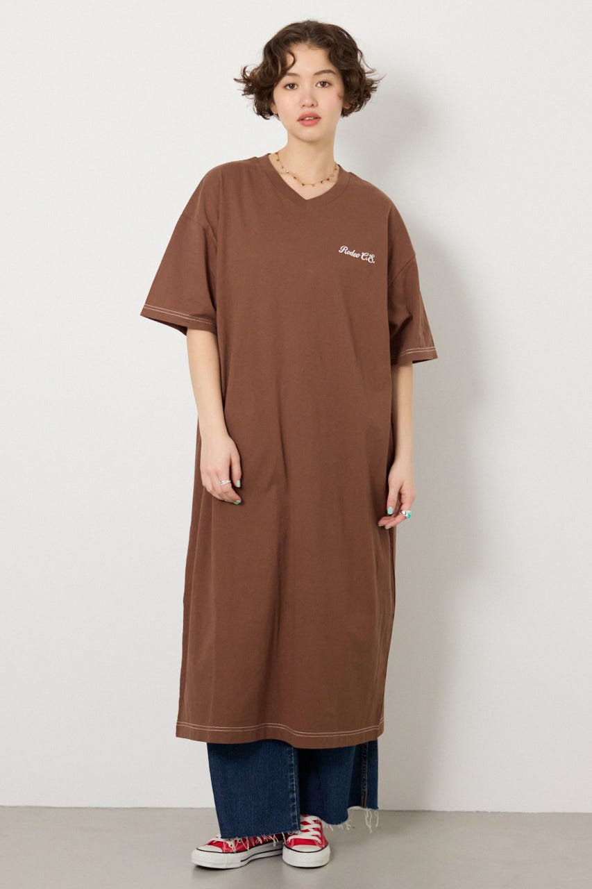 【SS先行アイテム】ハーフスリーブステッチワンピース BRN FREE