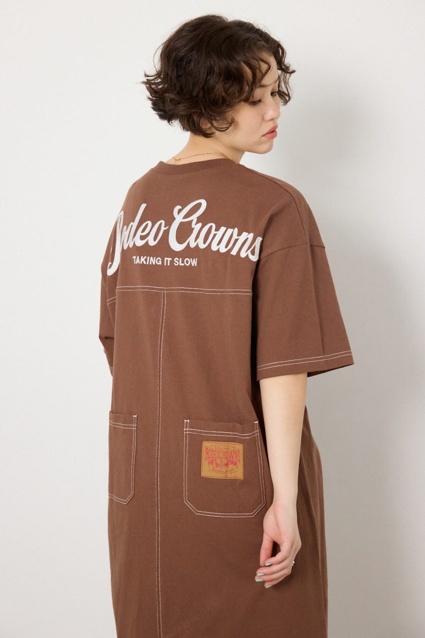 【SS先行アイテム】ハーフスリーブステッチワンピース BRN FREE