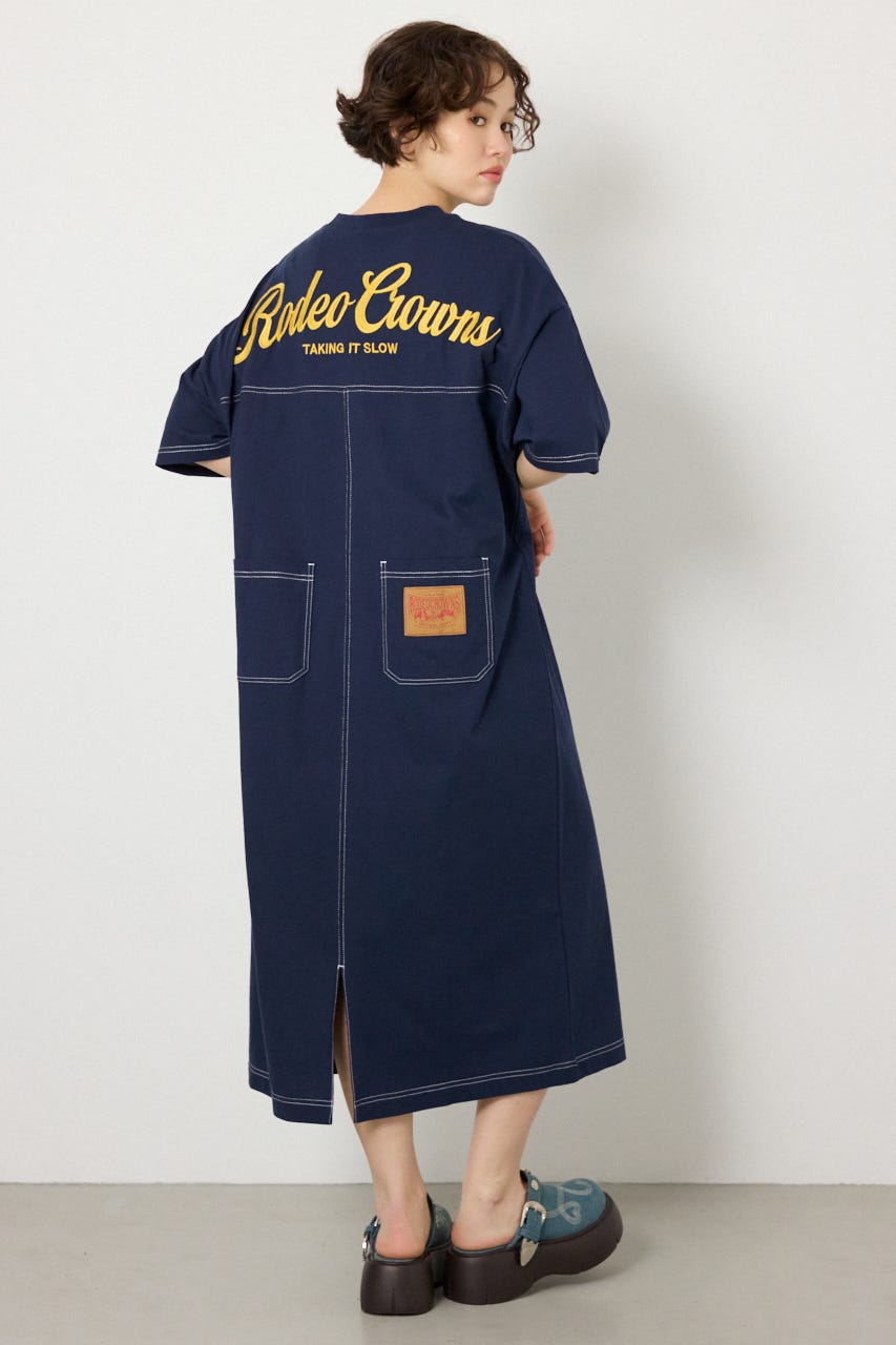 【SS先行アイテム】ハーフスリーブステッチワンピース NVY FREE