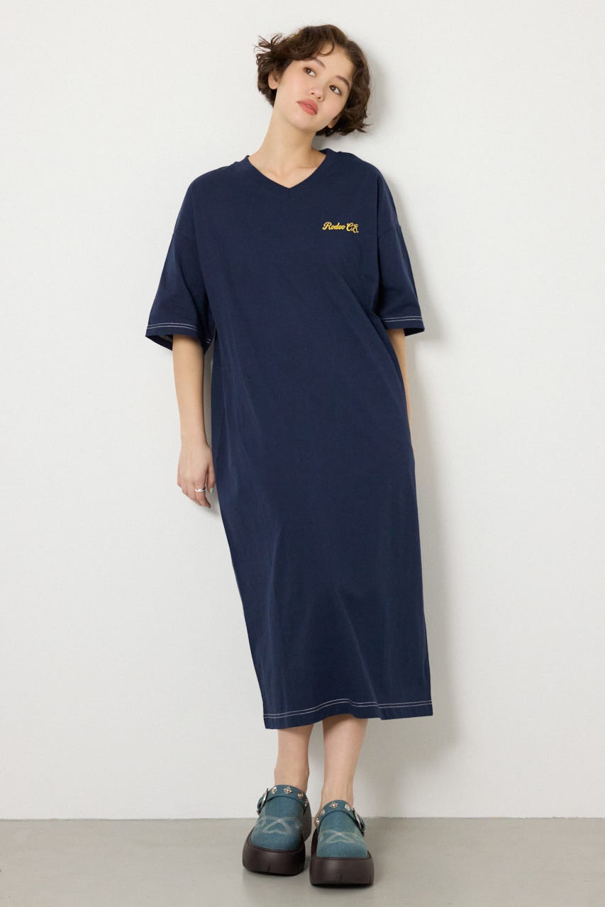 【SS先行アイテム】ハーフスリーブステッチワンピース NVY FREE