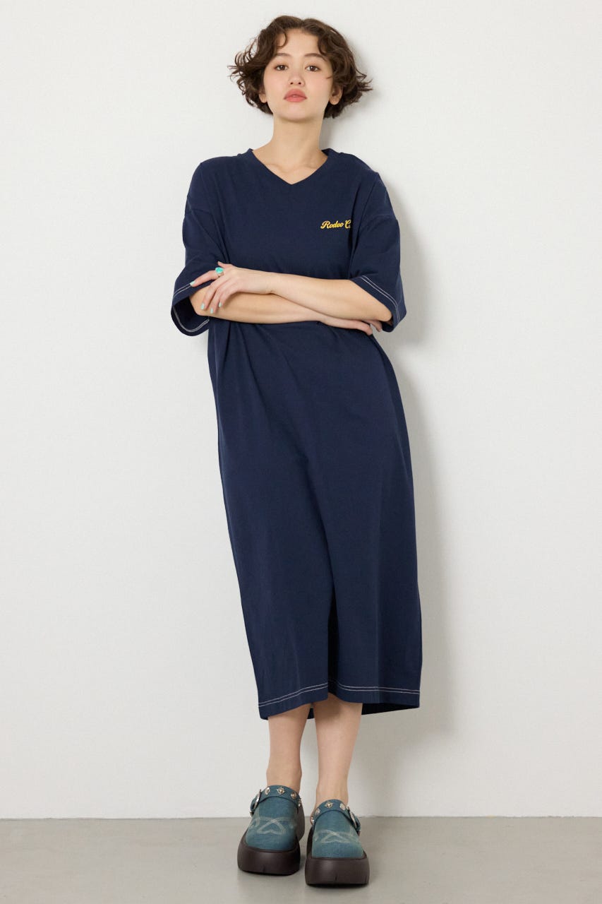 【SS先行アイテム】ハーフスリーブステッチワンピース NVY FREE
