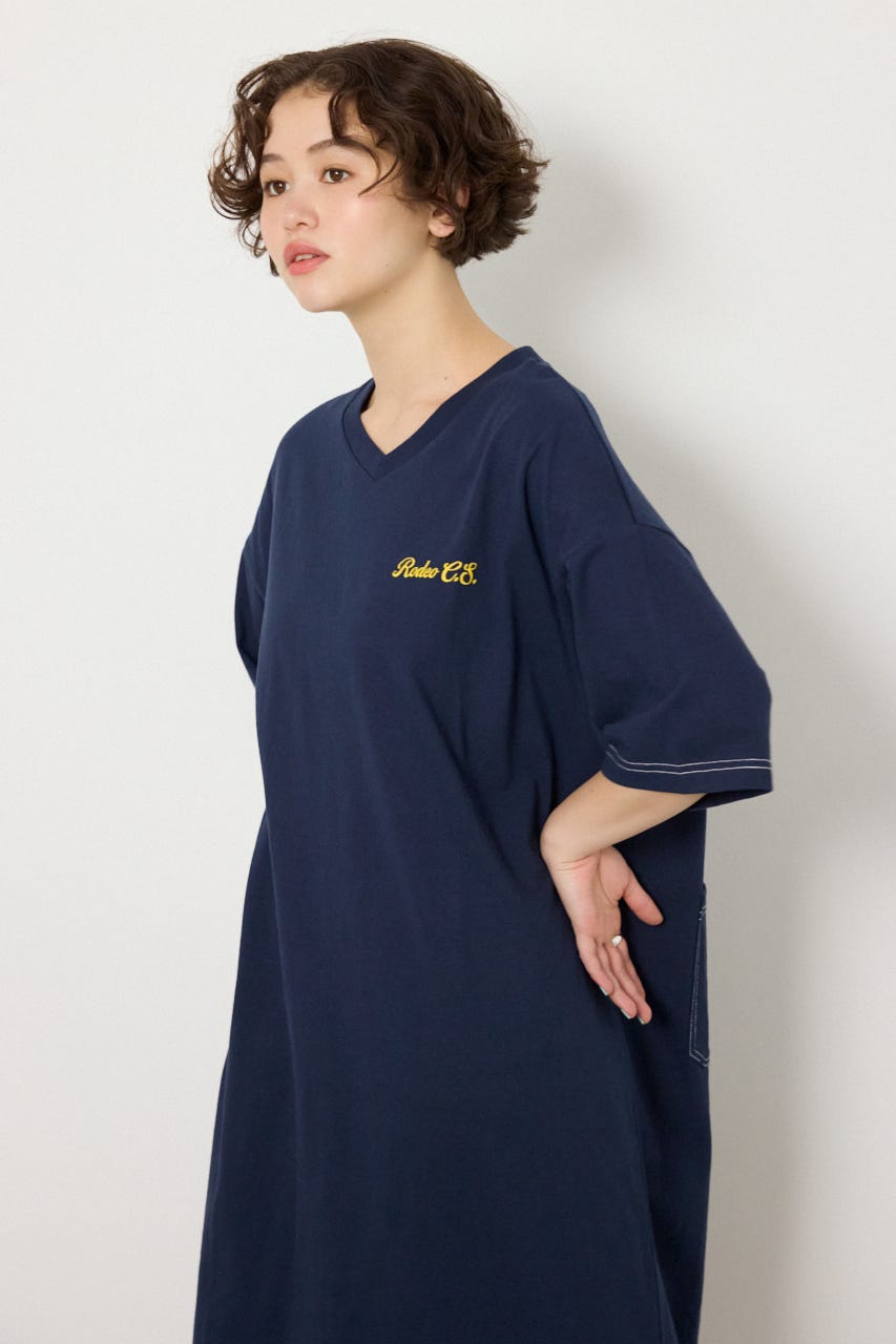 【SS先行アイテム】ハーフスリーブステッチワンピース NVY FREE