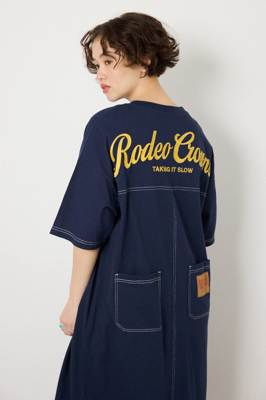 【SS先行アイテム】ハーフスリーブステッチワンピース NVY FREE