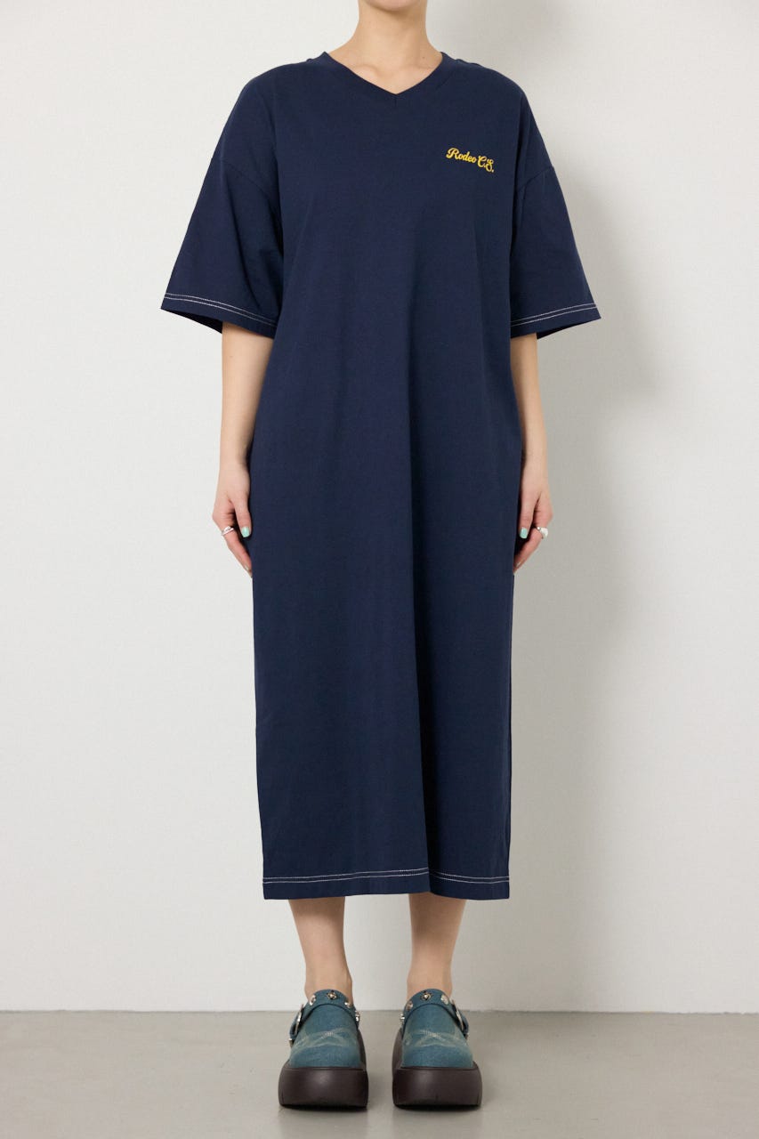 【SS先行アイテム】ハーフスリーブステッチワンピース NVY FREE
