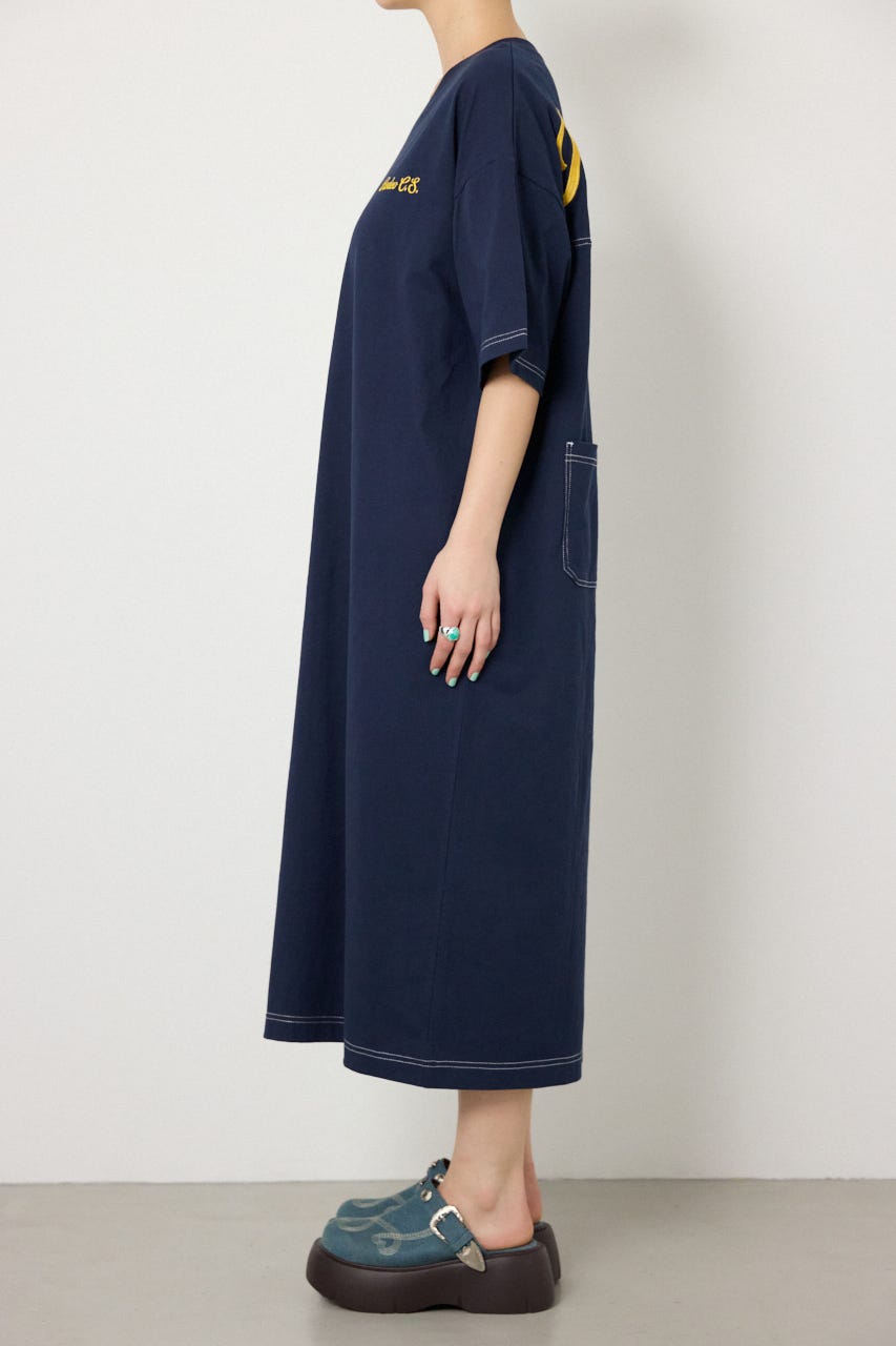 【SS先行アイテム】ハーフスリーブステッチワンピース NVY FREE