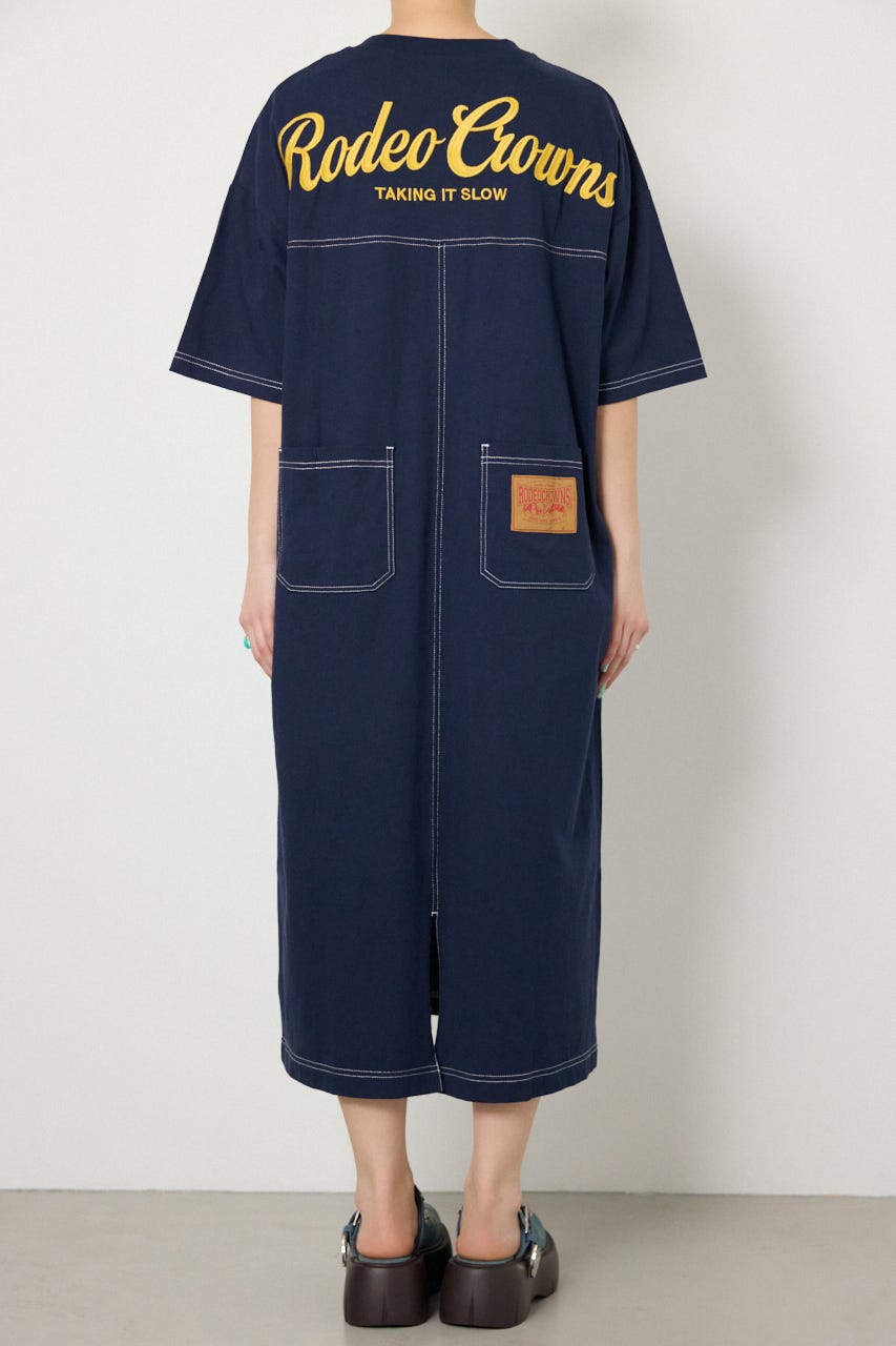 【SS先行アイテム】ハーフスリーブステッチワンピース NVY FREE