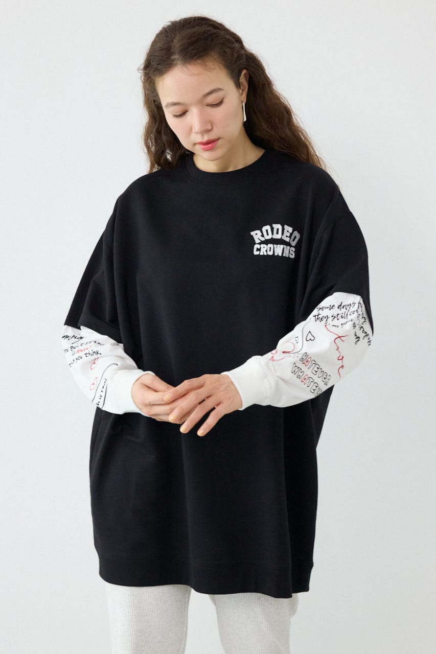 フェイクレイヤードフラワーロゴワンピース BLK FREE