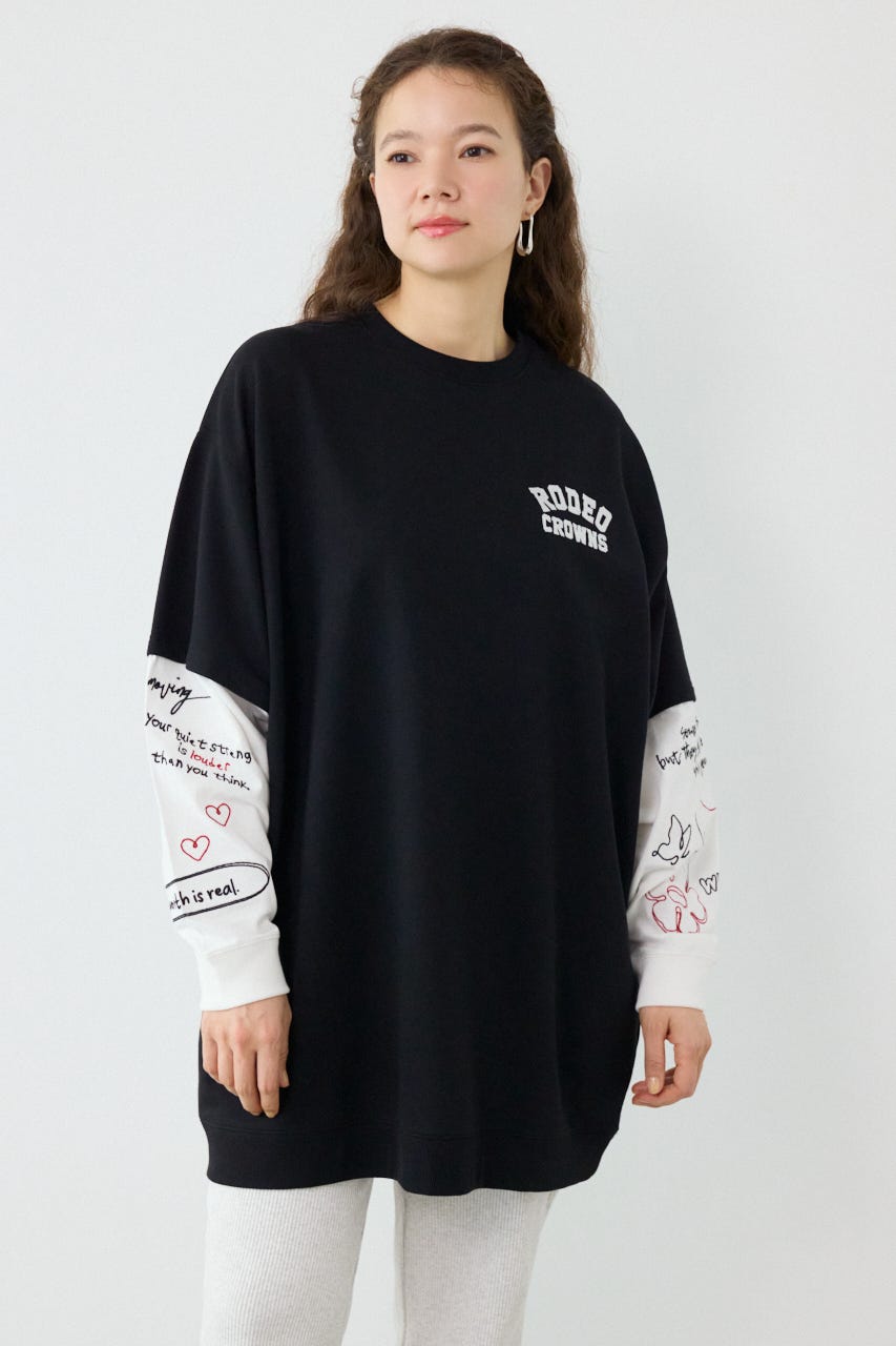 フェイクレイヤードフラワーロゴワンピース BLK FREE