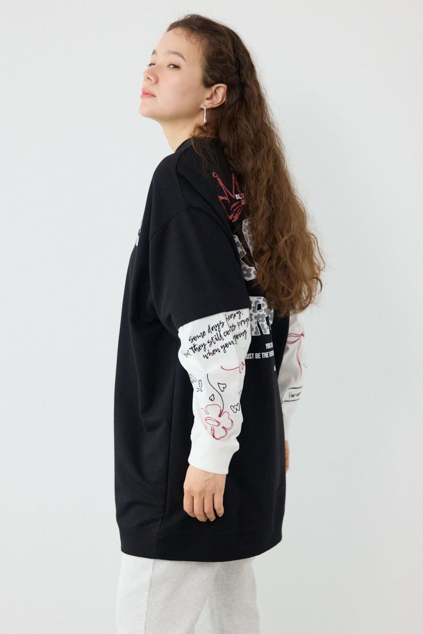 フェイクレイヤードフラワーロゴワンピース BLK FREE