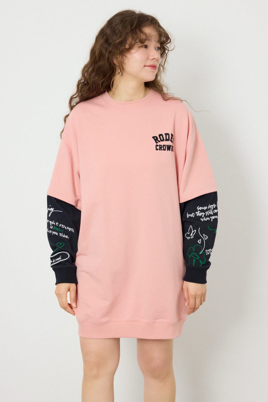 フェイクレイヤードフラワーロゴワンピース PNK FREE