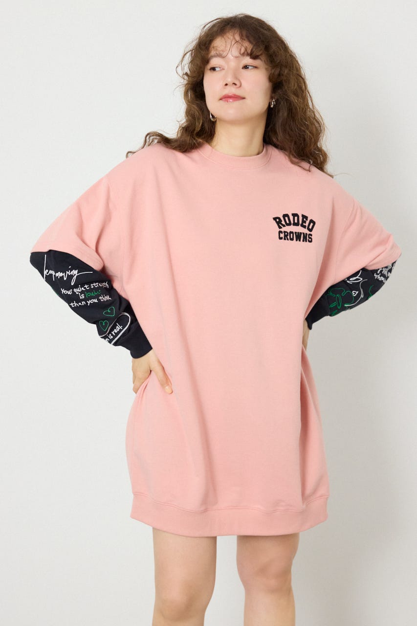 フェイクレイヤードフラワーロゴワンピース PNK FREE