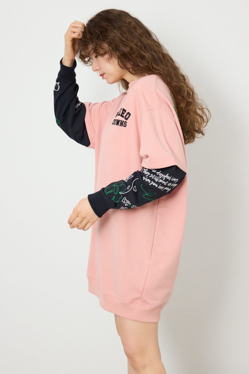 フェイクレイヤードフラワーロゴワンピース PNK FREE