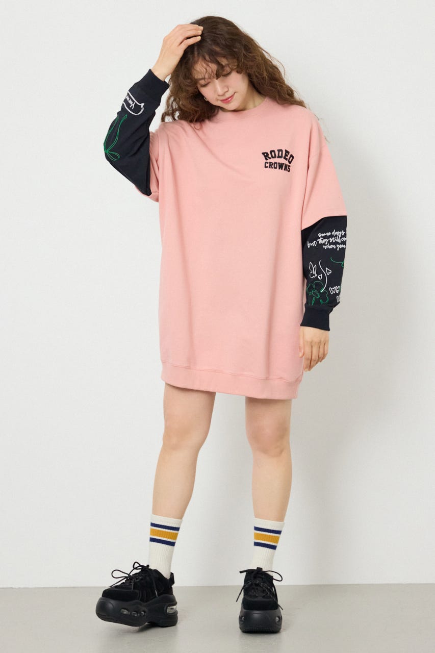 フェイクレイヤードフラワーロゴワンピース PNK FREE