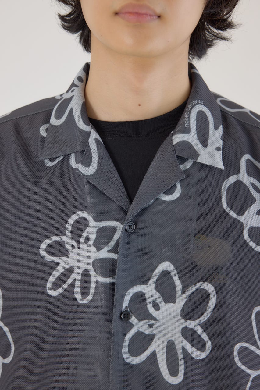 ポリメッシュフラワーシャツ BLK M