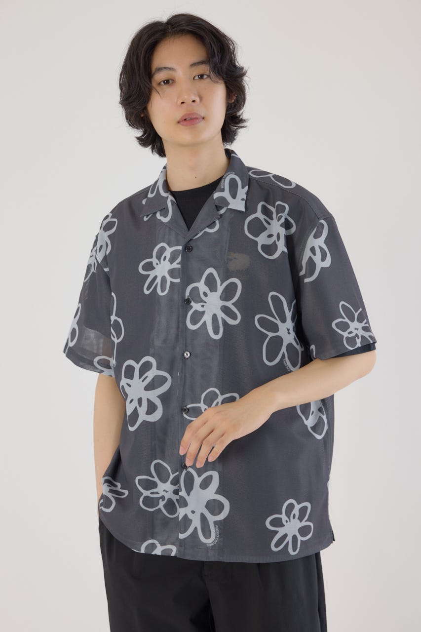 ポリメッシュフラワーシャツ BLK M