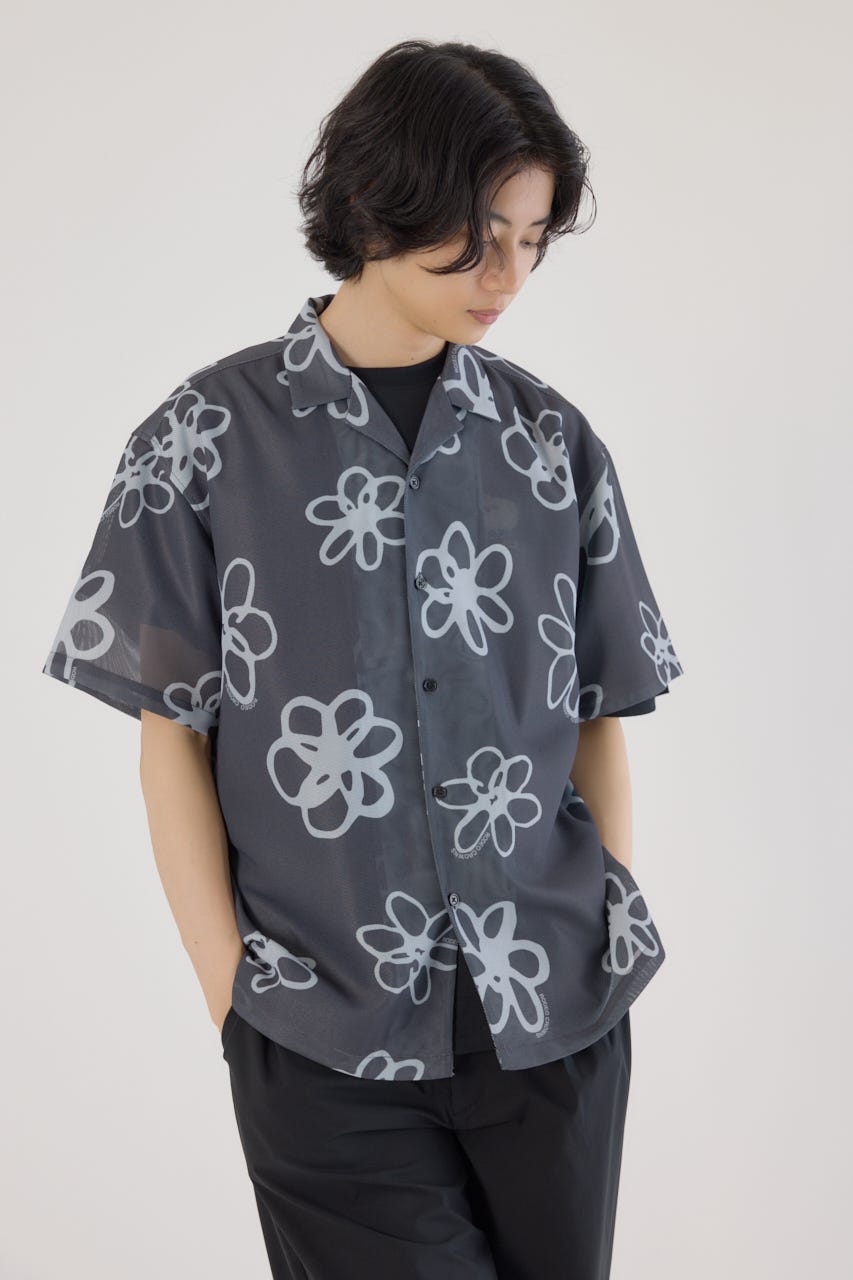 ポリメッシュフラワーシャツ BLK M