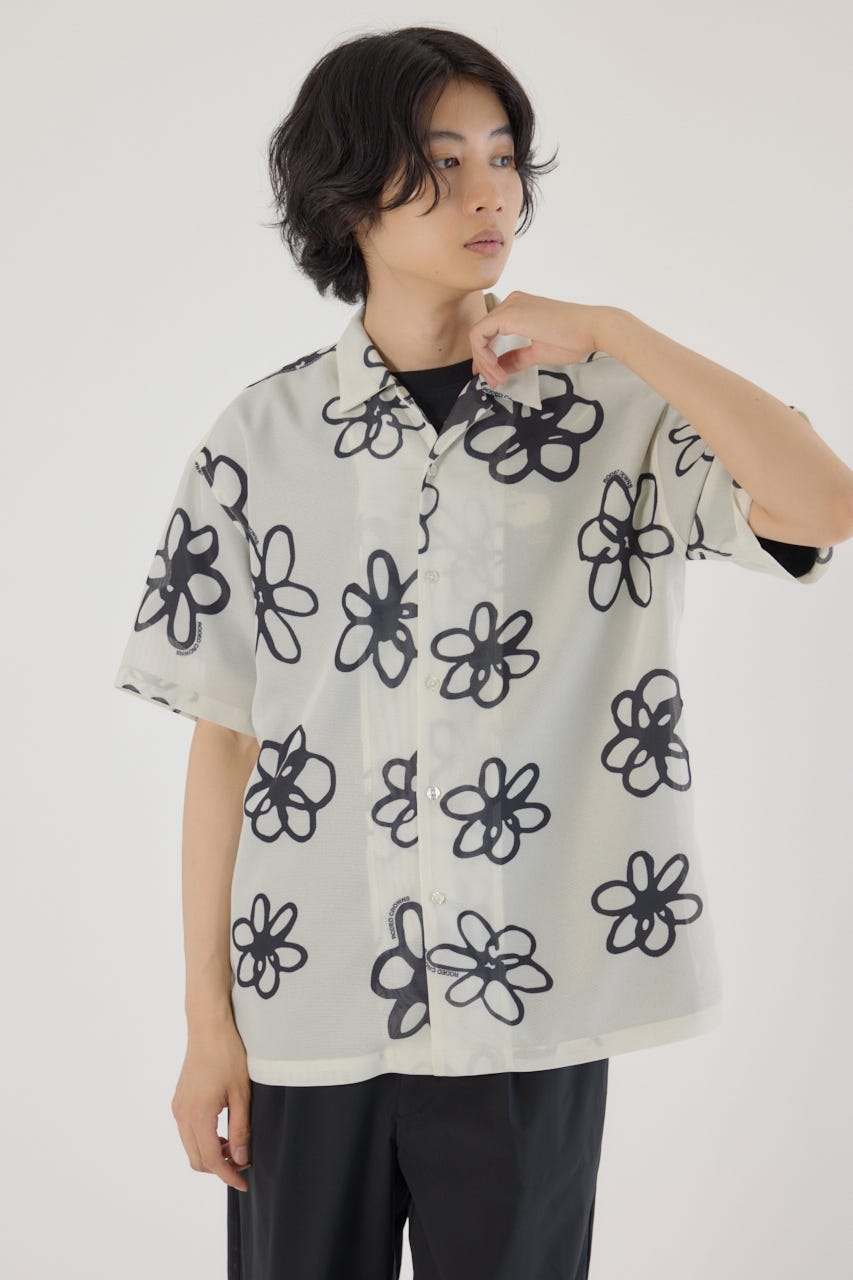 ポリメッシュフラワーシャツ O/WHT M