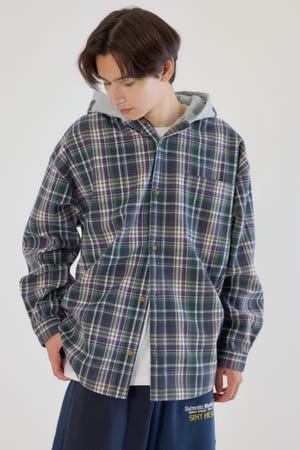 ボンディングフーデッドチェックシャツ